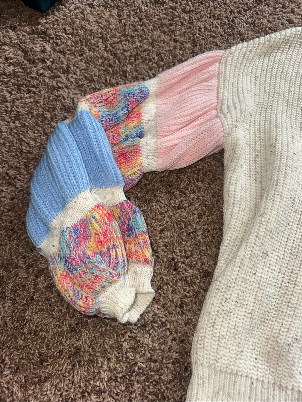 Ivory Sweater with Pink & Blue Colorblock Balloon Sleeves - Picture 2 of 3